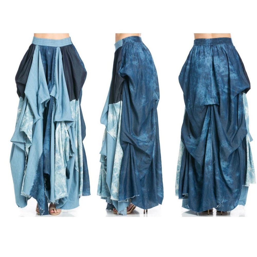 NWT TOV HOLY The Damsel's Blu Denim Flowing Maxi Skirt